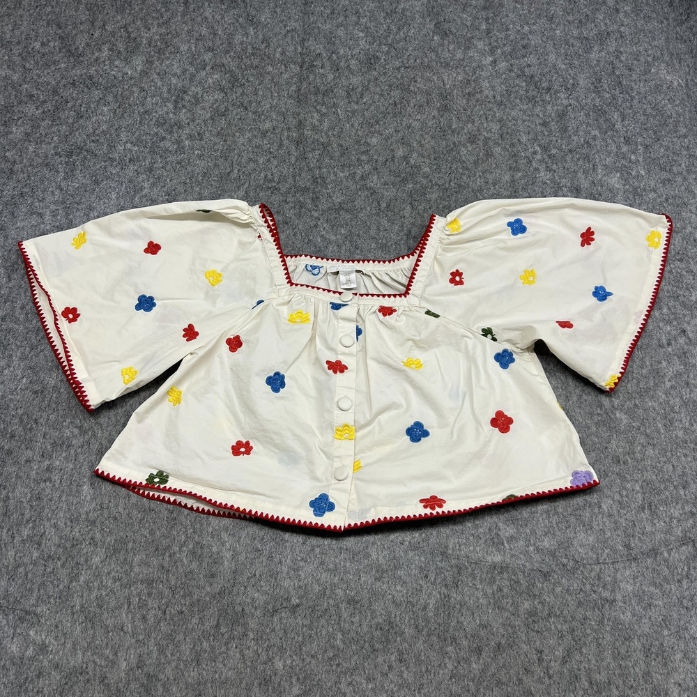 Caroline Constas Shirt Womens M Off White Embroider Floral Peasant Blouse Top